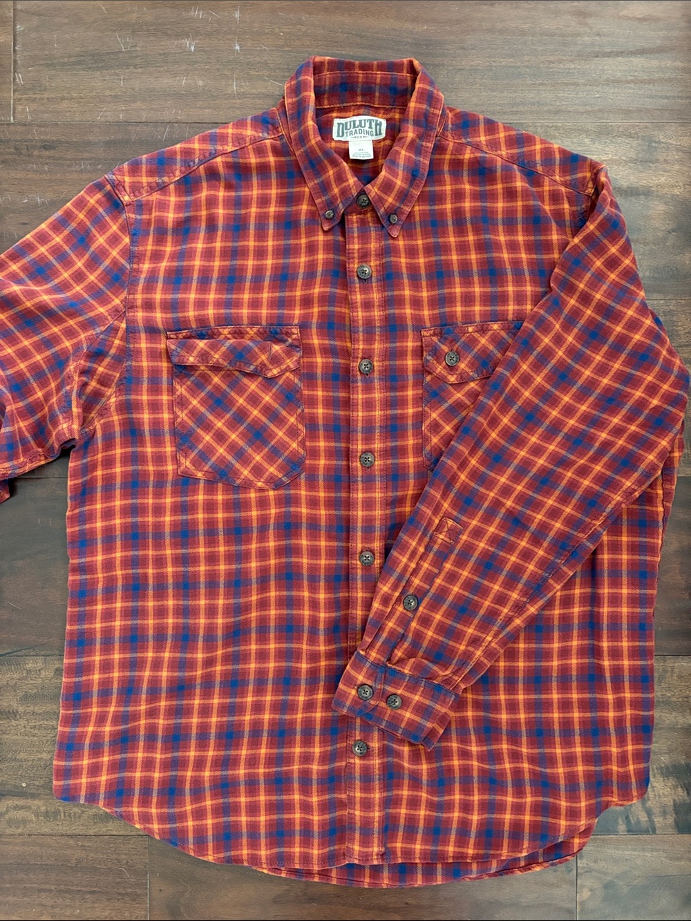 Duluth Trading Co Orange and Blue Plaid Button-Down Shirt